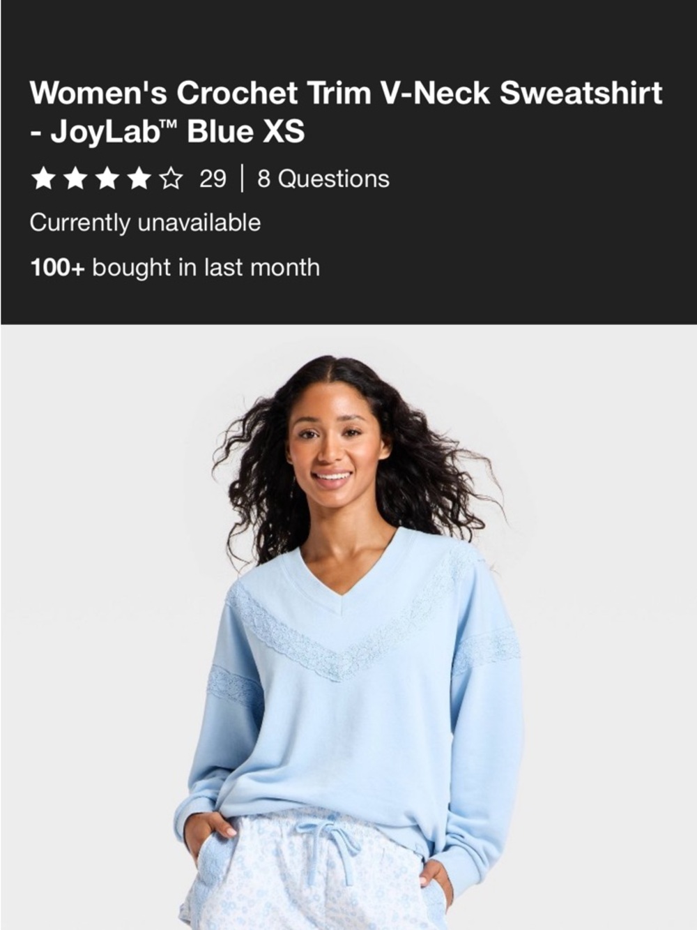 JoyLab Light Blue Crochet-Trim V-Neck Sweatshirt xs